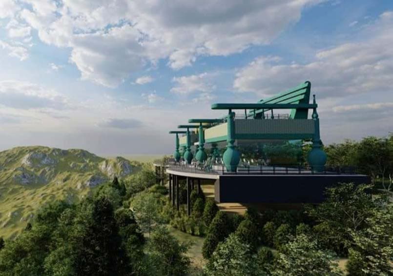 Architectural rendering of the Aviyana private chalet cantilevered over a misty valley