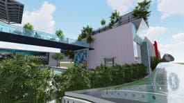 Detailed floor plan of badminton hall and swimming pool zones